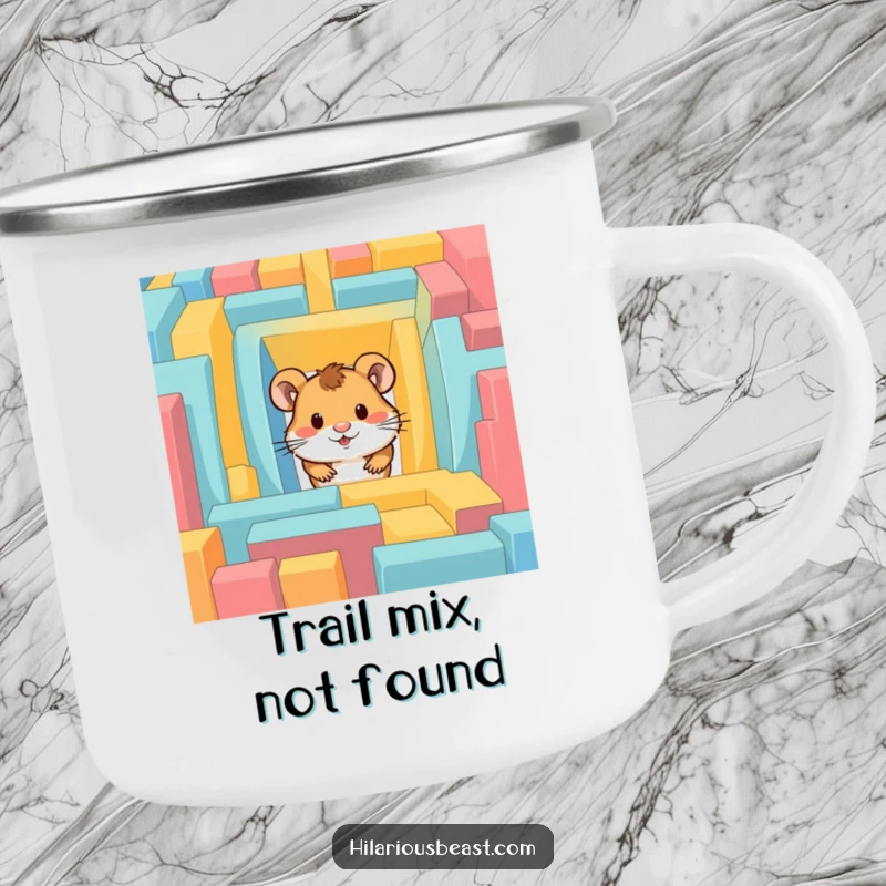 Funny hamster camping mug with a curious hamster peeking from a colorful maze, perfect for outdoor use.