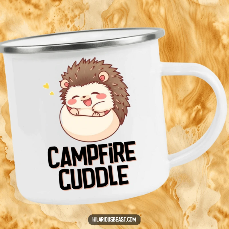 Funny happy hedgehog camping mug with a hedgehog rolling into a ball and giggling uncontrollably, durable and humorous for outdoors