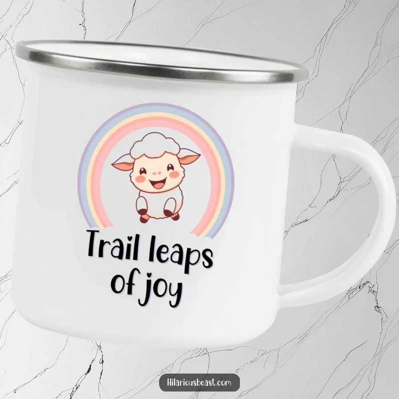 Funny enamel camping mug featuring a happy sheep with a wide grin leaping through a colorful rainbow, ideal for humorous outdoor gifts.