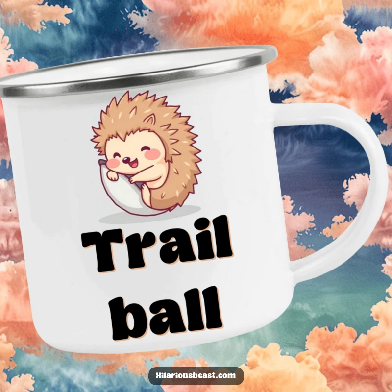 Funny Hedgehog Camping Mug: Sturdy enamel mug featuring a cute hedgehog rolling, perfect for adventures.