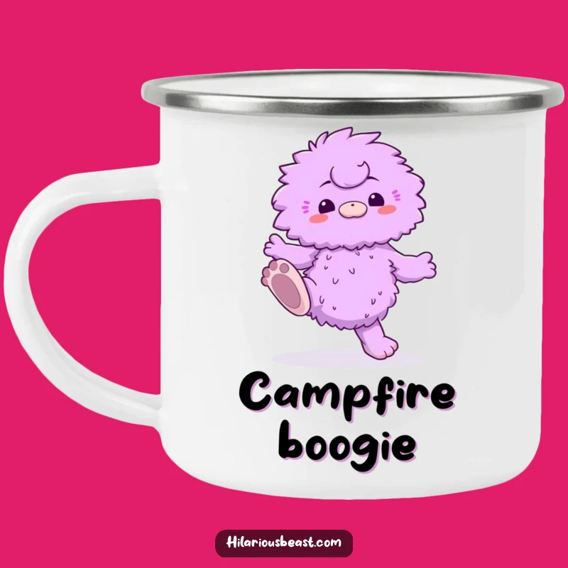 Funny Purple Creature Camping Mug - Fluffy Dancer, Big Feet, Outdoor Fun Gift