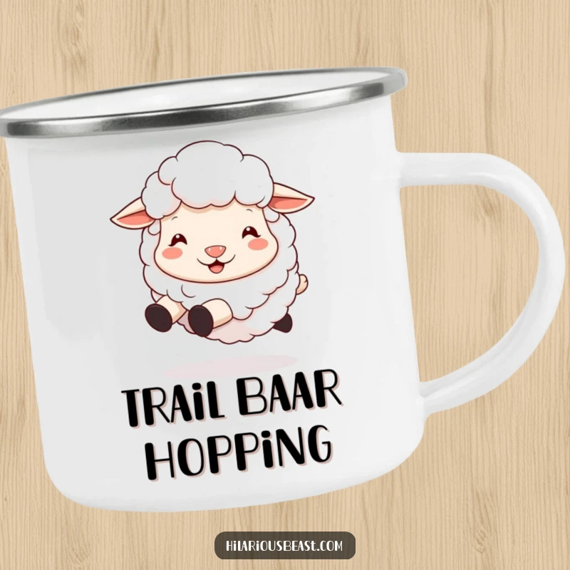 Funny sheep camping mug showing a fluffy sheep with a silly grin, ready for outdoor adventures with a bounce.
