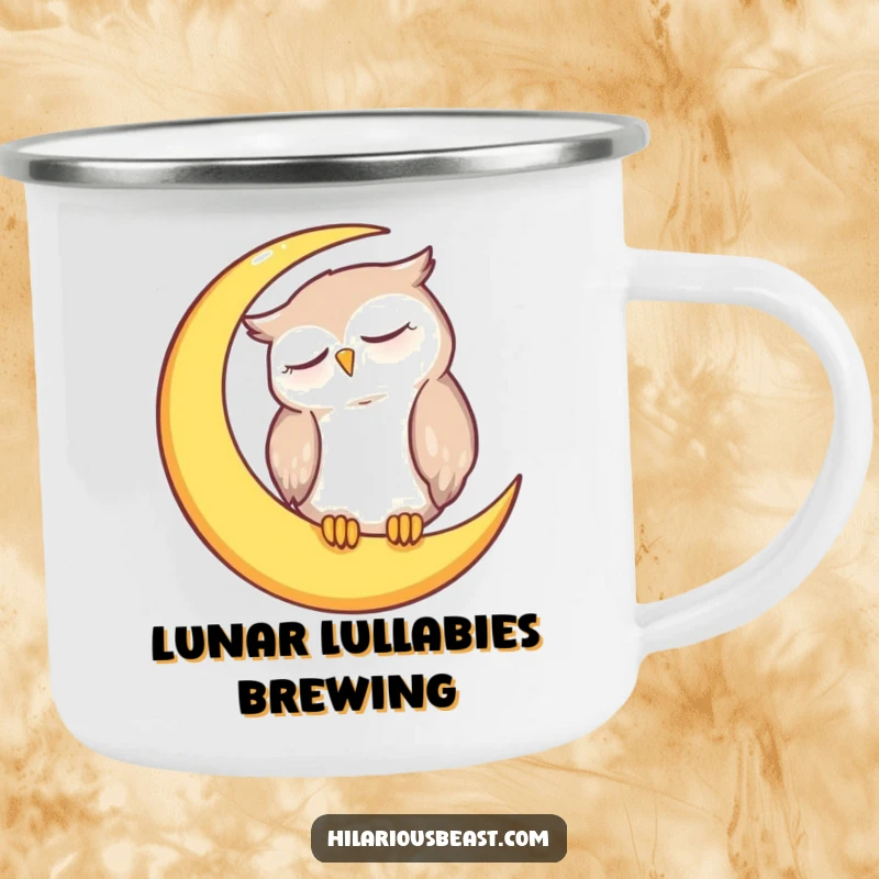 Funny owl camping mug featuring a sleepy owl character dozing on a crescent moon, perfect for outdoor use.