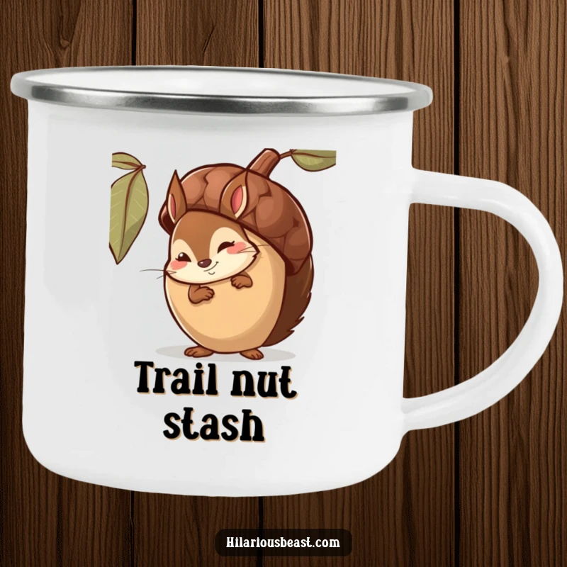 Funny Camping Mug showcasing a shy squirrel peeking from behind a giant acorn, a sly smirk ready for outdoor adventures.