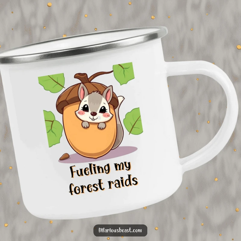 Funny camping mug featuring a shy squirrel peeking with a smirk from behind an oversized acorn.