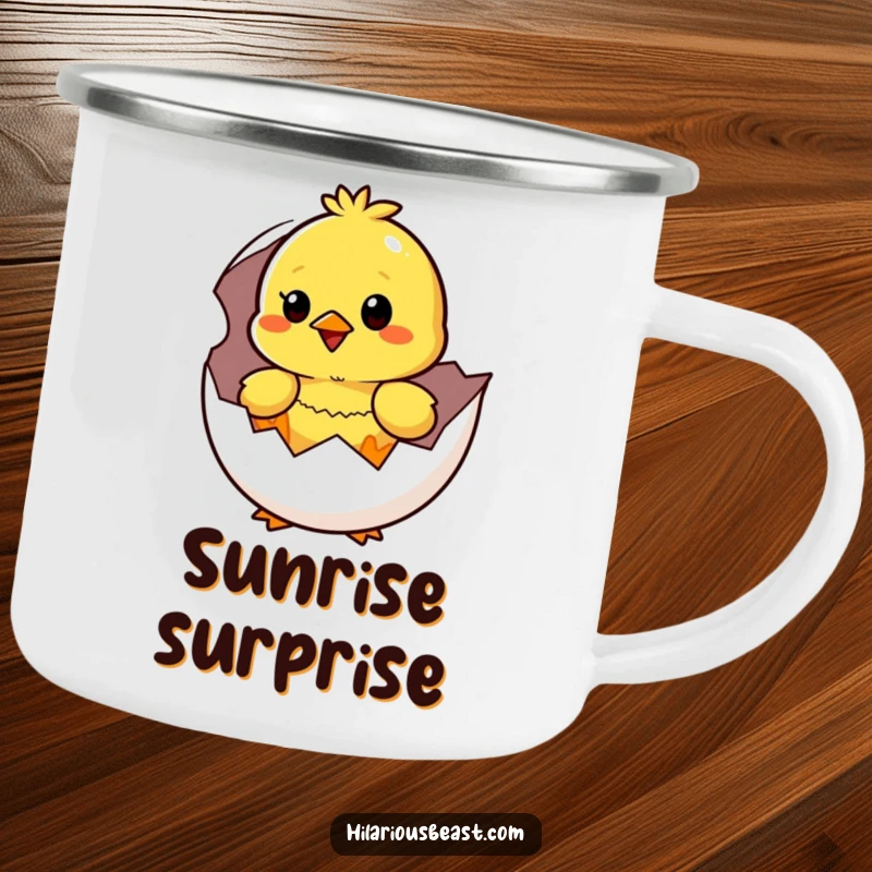 Funny yellow chick hatching from an egg, looking surprised and happy, on a durable and humorous camping mug.