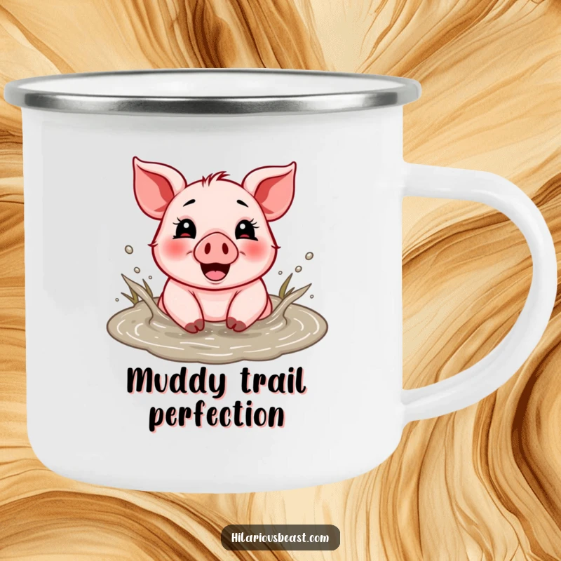 Funny camping mug featuring a cheerful piglet splashing gleefully in a muddy puddle.