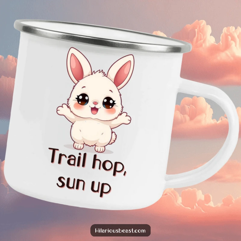 Funny fluffy bunny camping mug featuring a character with big eyes bouncing joyfully, built for adventure and spreading adorable, humorous cheer.