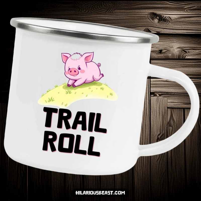 Funny purple piglet camping mug, a happy piglet rolling down a grassy hill, ready for campfire coffee and good times.
