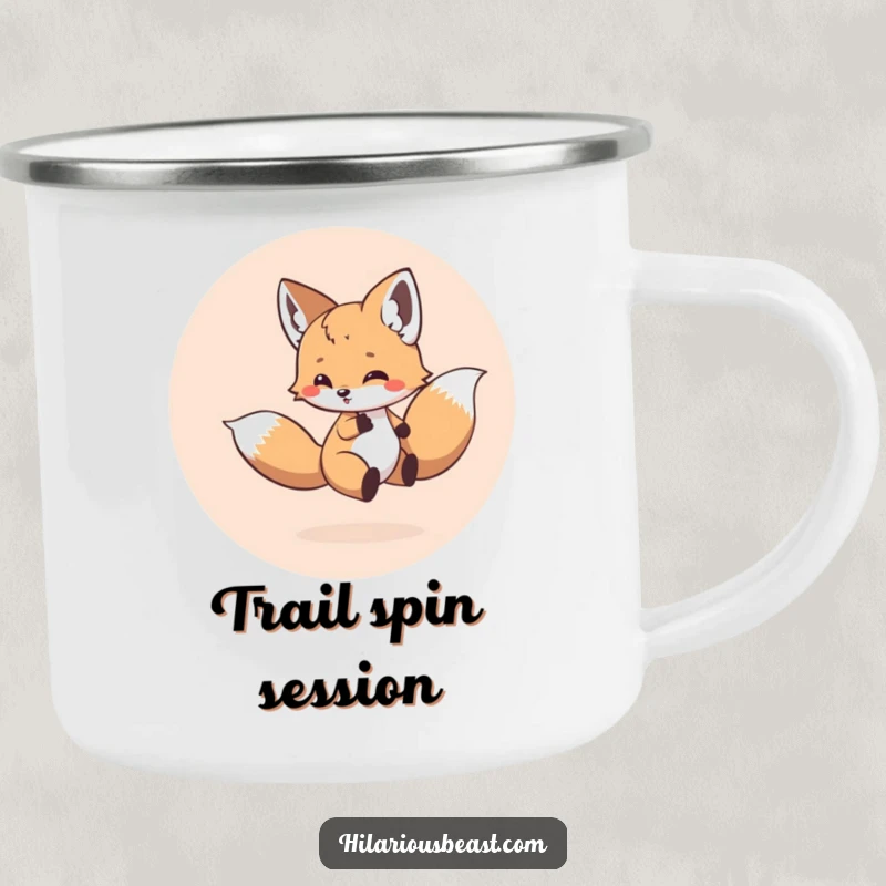 Funny enamel camping mug featuring a small, round fox cub energetically chasing its tail in a circle, ideal for humorous outdoor gifts.