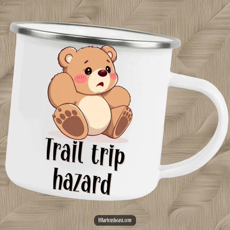 Funny small bear cub tripping with bewildered expression, enamel camping mug, ready for outdoor excursions and cozy campfire chats.