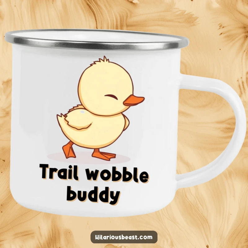 Funny Duckling Camping Mug: a durable enamel cup featuring a waddling duckling hilariously tripping, perfect for outdoors.