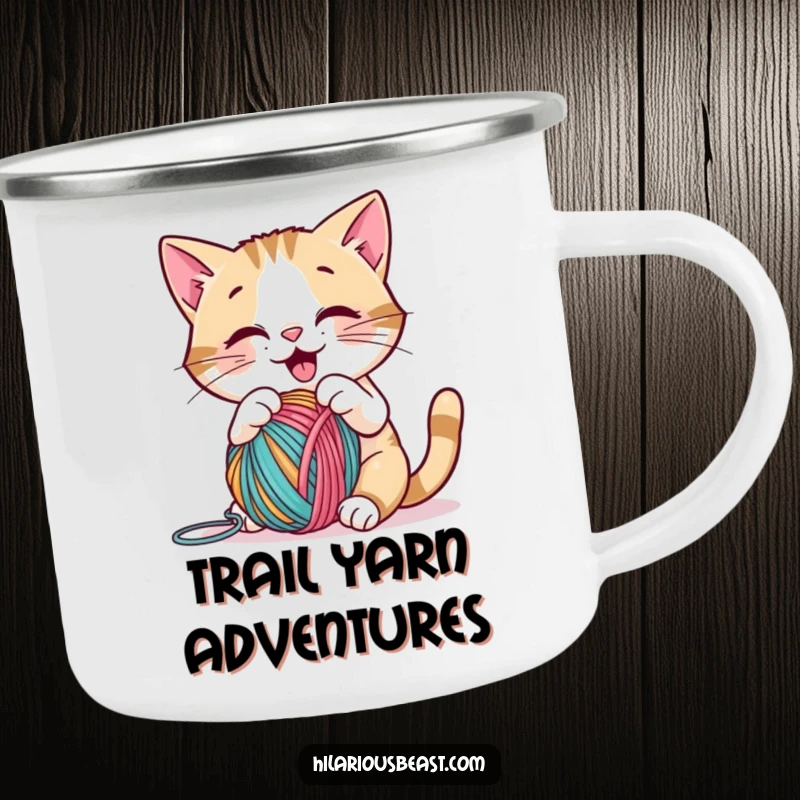 Funny cat playing with yarn on a sturdy camping mug, perfect for outdoor fun and a cute funny gift.