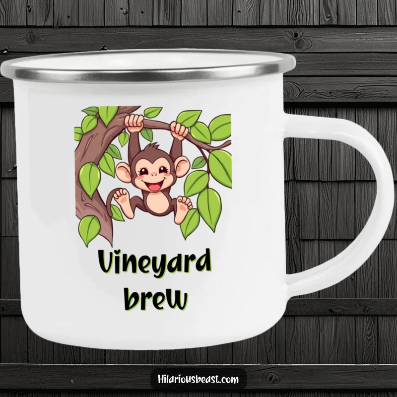 Funny Camping Mug showcasing a mischievous monkey swinging from a vine with a grin, designed for outdoor fun.