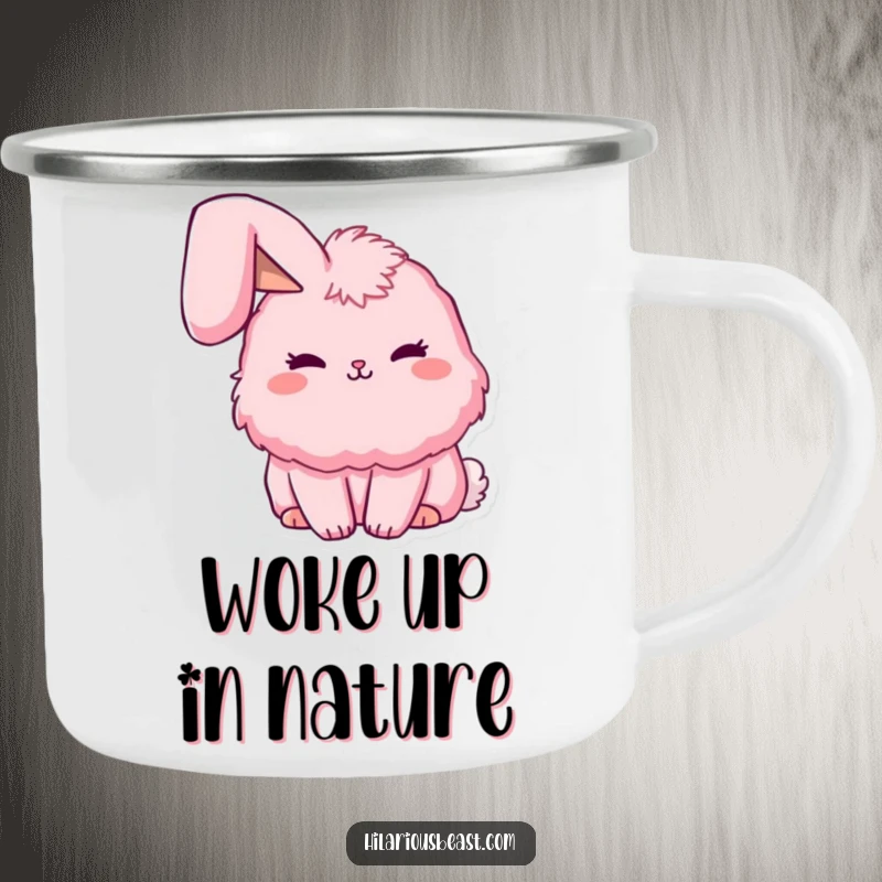 Funny fluffy pink bunny camping mug with a single ear flopped adorably, perfect for enjoying drinks outdoors with a cute, funny style. A durable funny friend.