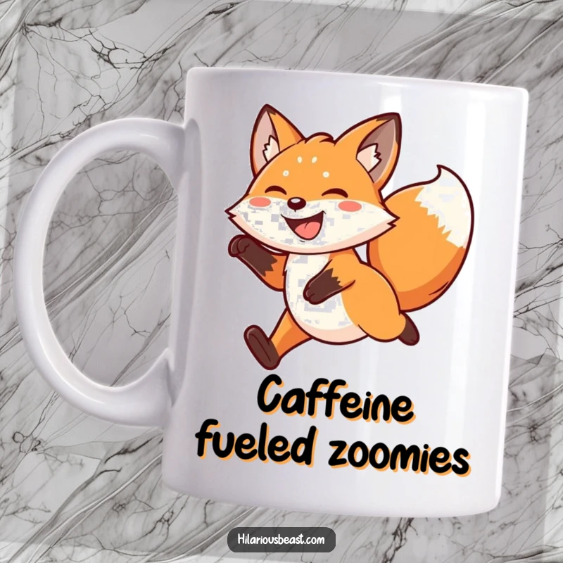 Funny kawaii fox mug showing a grinning fox leaping joyfully mid-air with its tail wagging enthusiastically, embodying pure excitement.