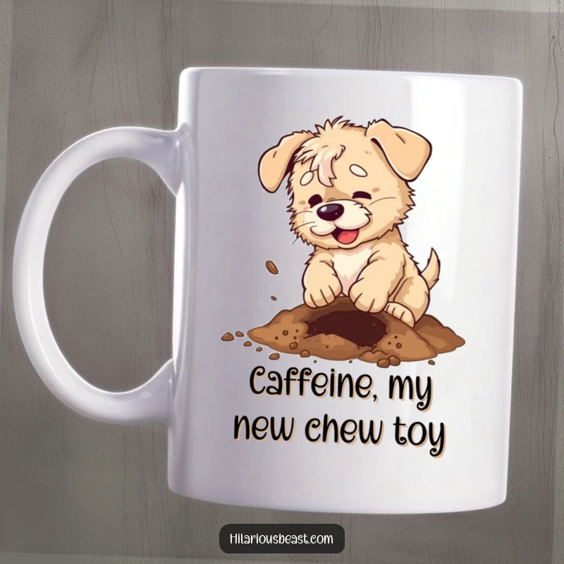 Funny scruffy puppy mug, enthusiastically digging a hole with paws, dirt flying, capturing playful chaos.