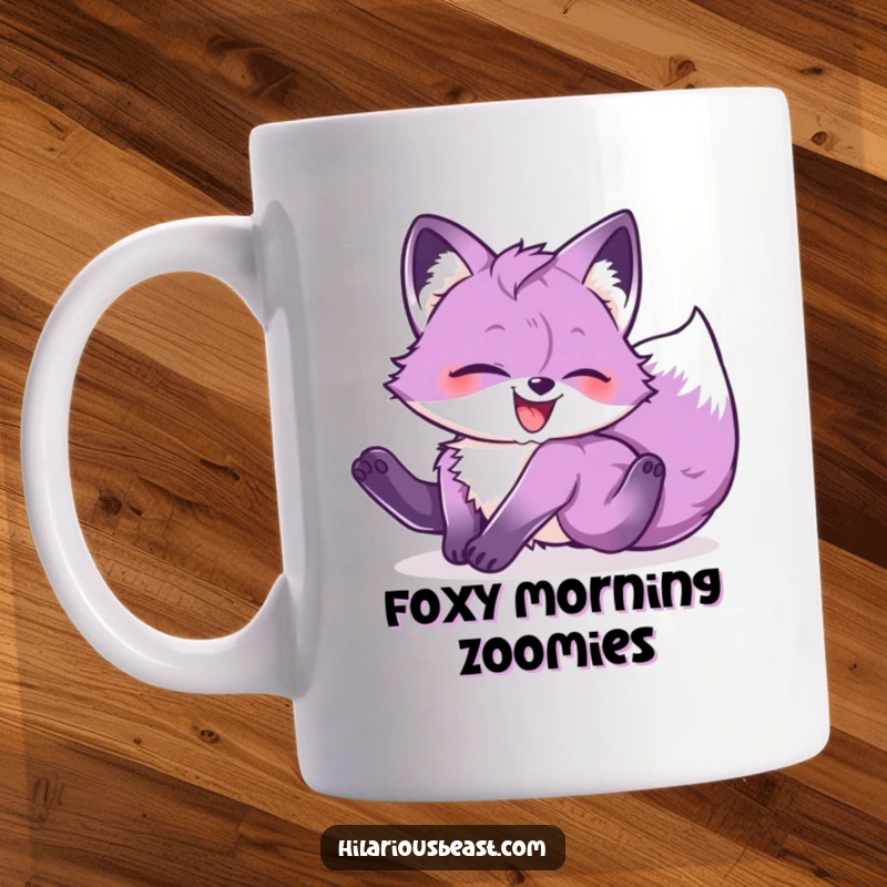 Funny purple fox cub spinning head over heels with pure glee, radiating joyful energy on this hilarious mug.