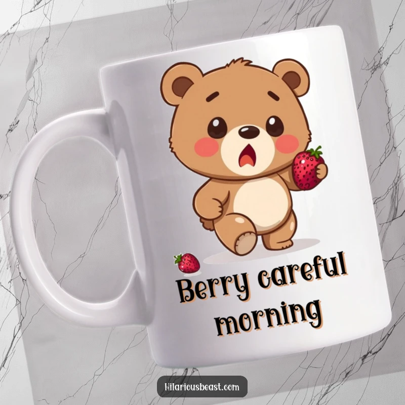 Funny brown bear cub mug, a surprised cub stumbling precariously while trying to balance a single ripe berry.