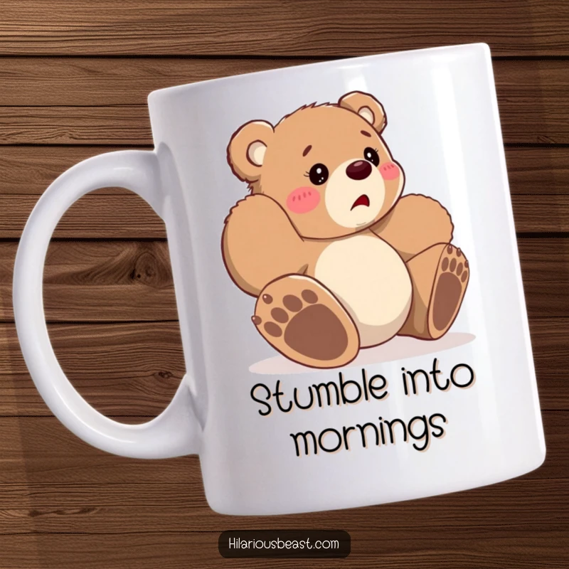 Funny small bear cub tripping over large paws, looking bewildered, printed on a ceramic mug, symbolizing endearing clumsiness.