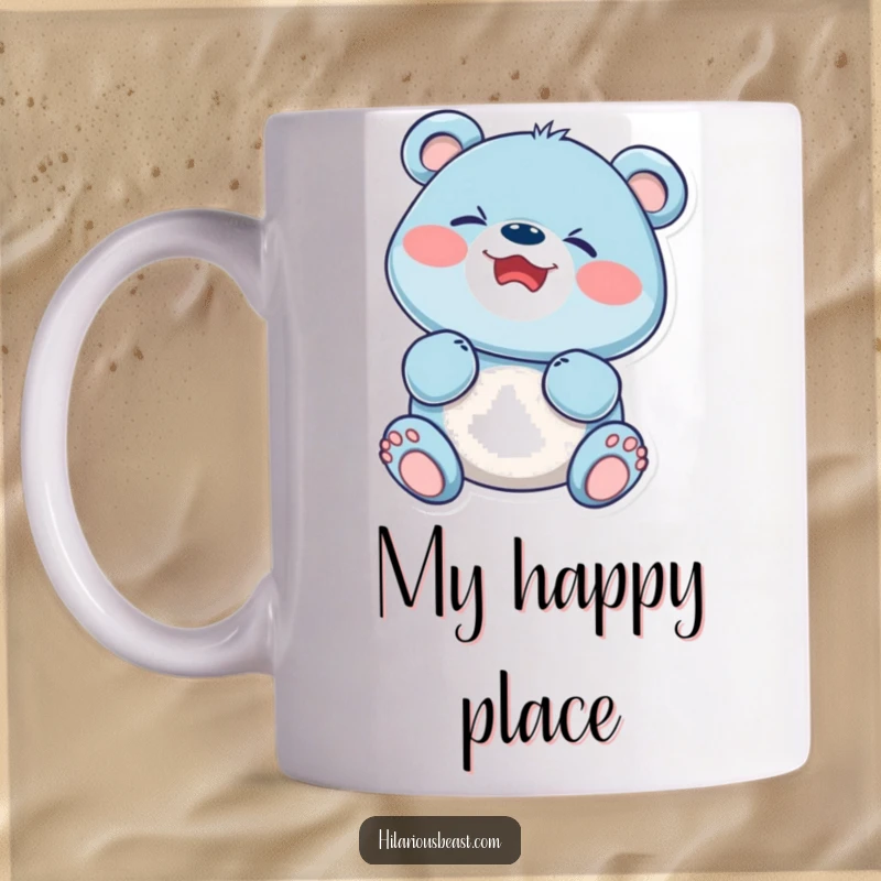 Funny blue bear cub giggling uncontrollably with a scrunched-up face, radiating pure delight on this charming mug.