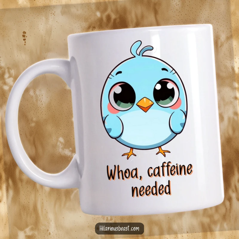Funny round blue bird mug with comically wide eyes, tripping slightly, showing a goofy surprise.
