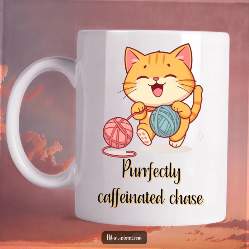 Funny mug featuring a round orange cat joyfully chasing a bouncing yarn ball, a playful funny gift.