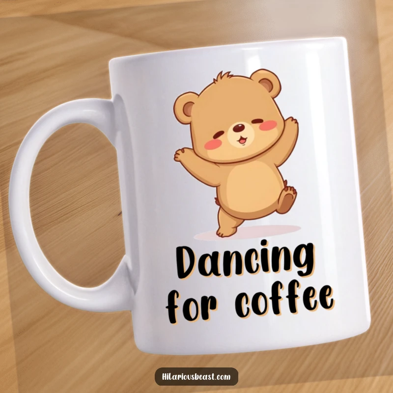 Funny brown bear cub mug attempting a shaky, awkward dance, radiating endearing clumsiness and joyful silliness. A hilarious funny mug.