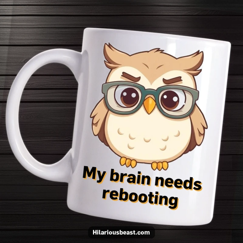 Funny owl wearing oversized glasses, tilting head in confusion, perfect for a coffee mug gift.