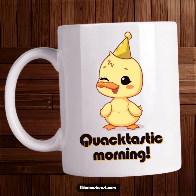 Funny duckling mug, happily wearing a tiny party hat and winking, conveying playful celebration and joy.