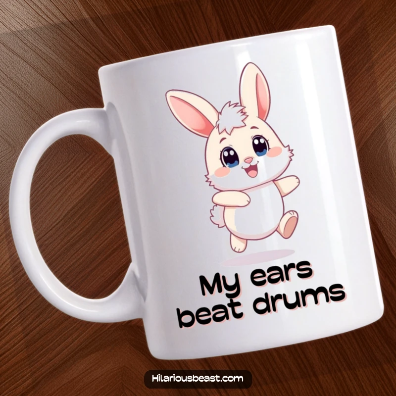 Funny fluffy bunny mug with big joyful eyes and floppy ears caught mid-hop, conveying pure happiness and playful energy.