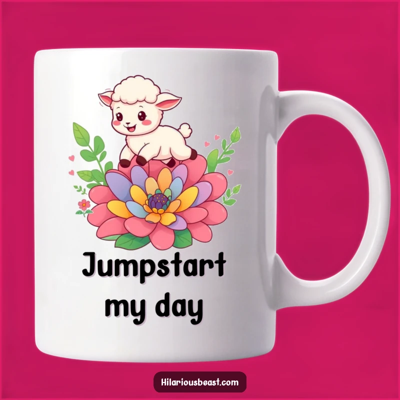 Funny Sheep Cub Flower Leap Mug - Joyful Animal Art for a Cheerful Gift