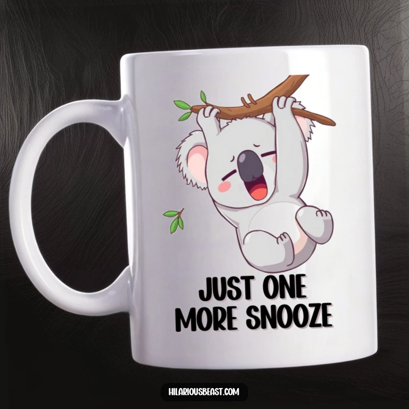 Funny koala mug with a sleepy character yawning widely while hanging upside down, ideal for comfort and humor.