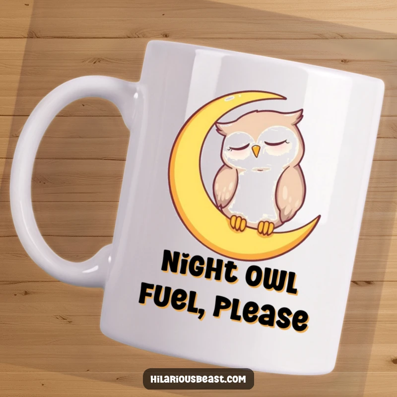 Funny owl mug featuring a cute, sleepy owl character dozing peacefully on a glowing crescent moon, perfect for moments of calm.