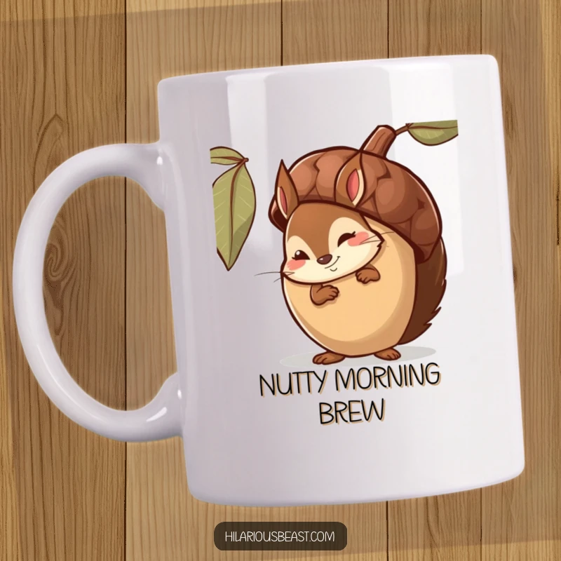 Funny Mug featuring a shy squirrel peeking from behind a huge acorn, giving a subtle, knowing smirk.