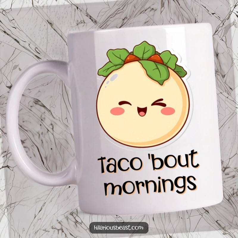 Funny mug depicting a happy, round taco character with a mischievous grin, winking playfully at the viewer.