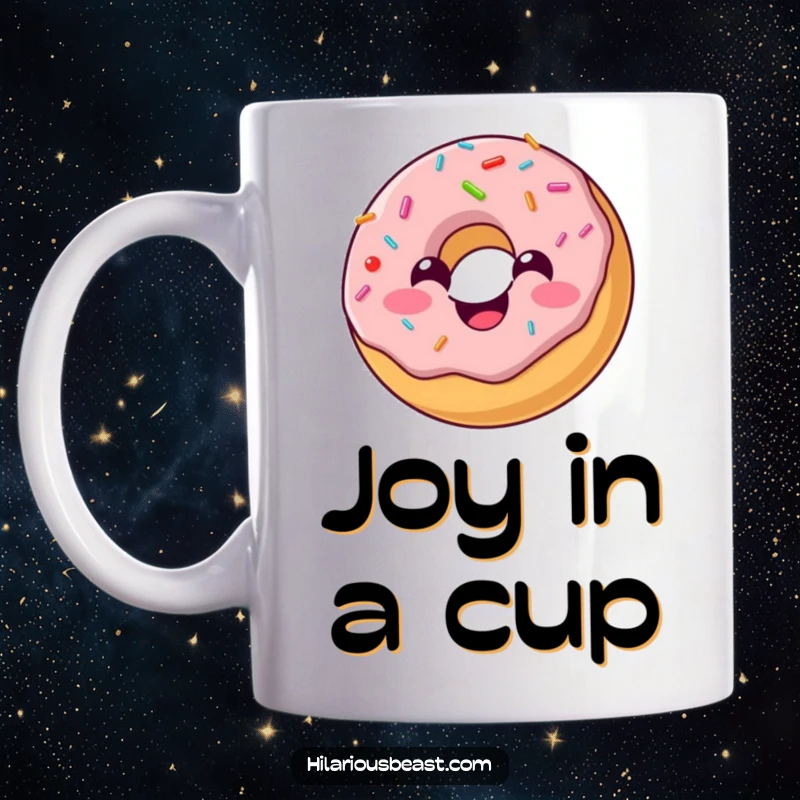 Funny mug depicting a cheerful, round, smiling donut with colorful sprinkles bouncing with pure, unadulterated joy.