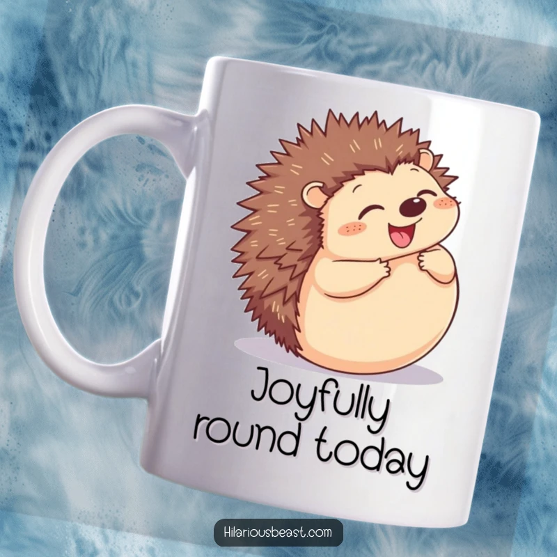 Funny Hedgehog Rolling Mug: a plump, grinning hedgehog joyfully curling into a tight, happy ball.