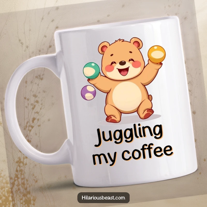 Funny bear cub mug showcasing a chubby cub juggling three colorful balls with a wide grin, radiating pure delight.
