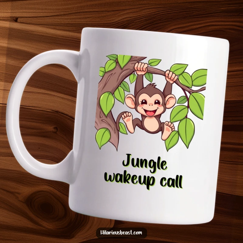 Funny Mug featuring a mischievous monkey swinging gleefully from a vine with a wide, playful grin.