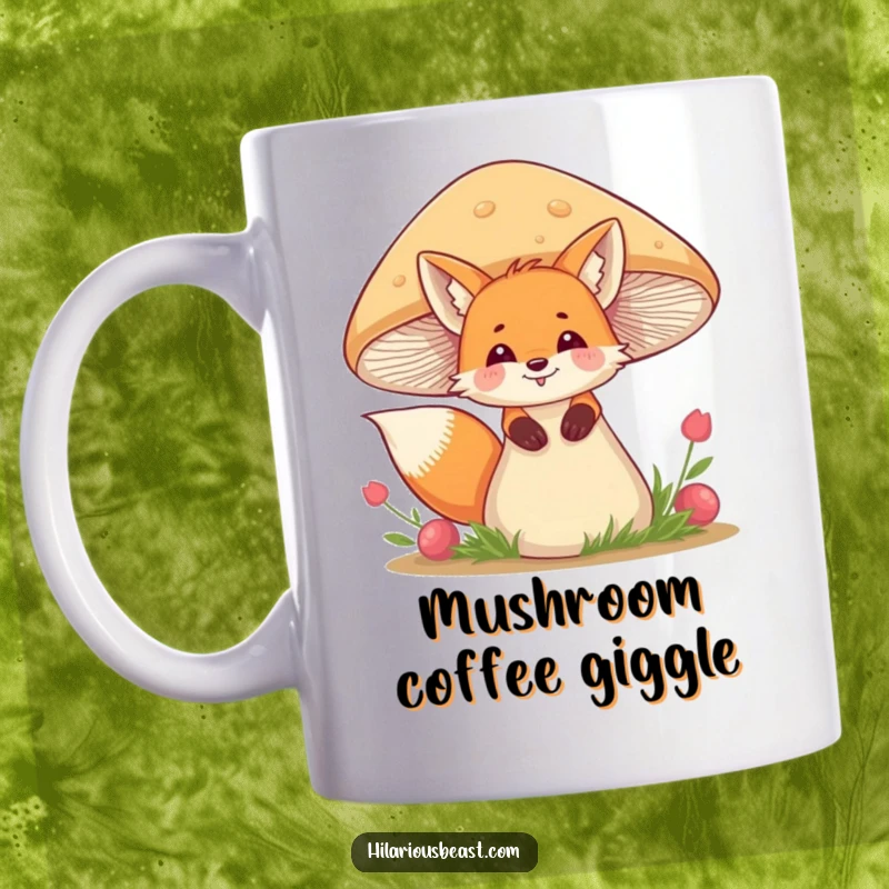 Funny giggling fox mug featuring a sly fox peeking from behind a large, wobbly mushroom, full of woodland mischief.