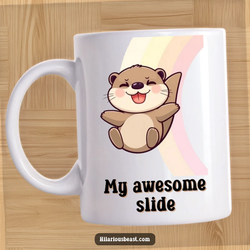Funny Otter Mug: A grinning otter slides down a vibrant rainbow with absolute joy and glee.