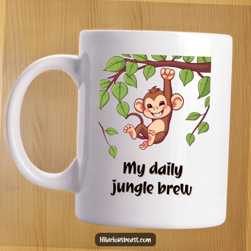 Funny mug featuring a mischievous monkey swinging from a vine with a wide, cheeky grin.