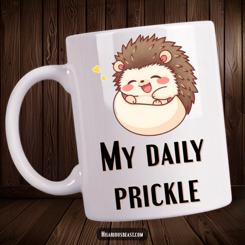 Funny happy hedgehog mug, a hedgehog rolling into a ball and giggling uncontrollably, pure, prickly joy