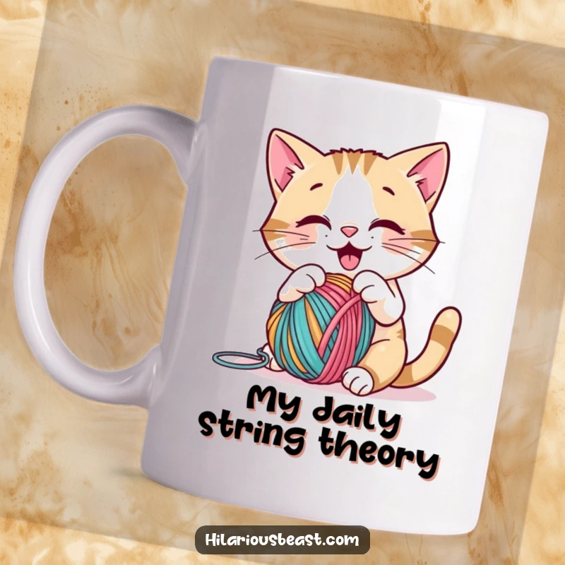 Funny cat with a cheerful expression playfully batting a colorful yarn ball, perfect for a humorous mug and funny gift.