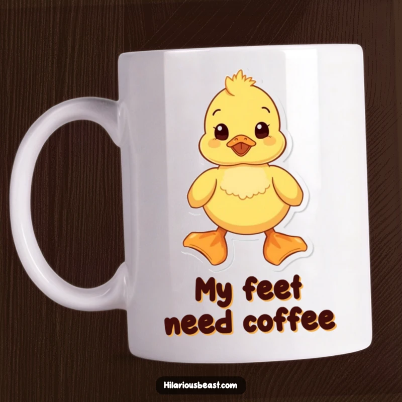Funny duckling mug with enormous feet waddling comically, bringing joy and laughter to your day. Ideal for those who love cute and funny animal designs.