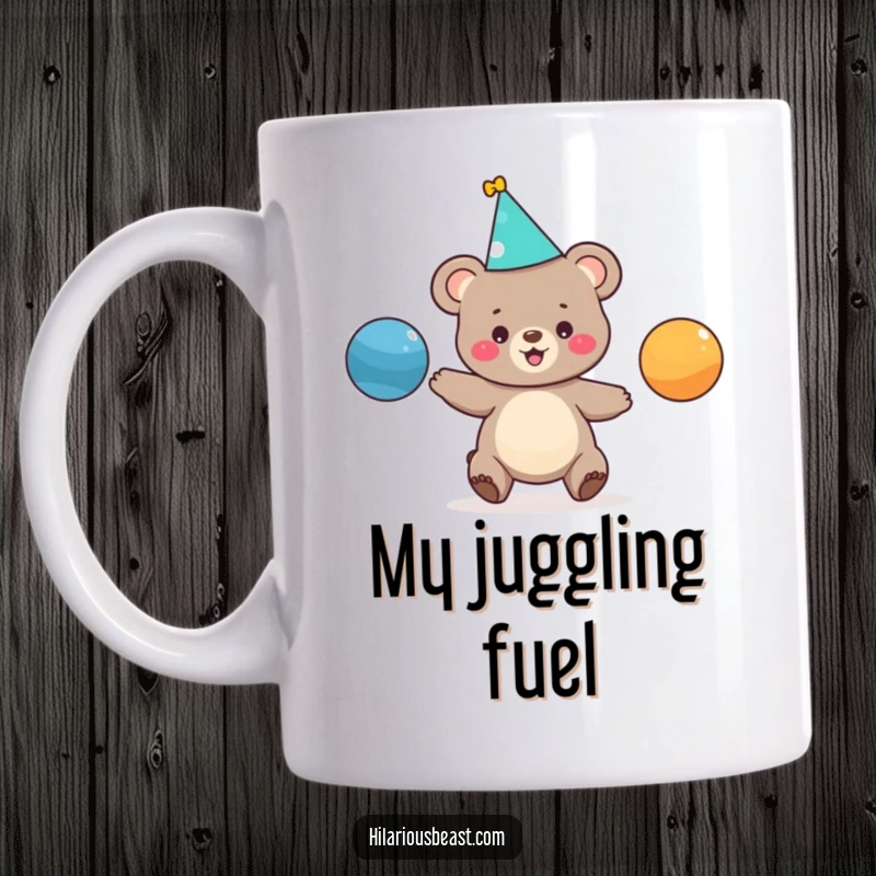 Funny party bear cub wearing a party hat, gleefully juggling three colorful balls on a white background, perfect for a fun gift.