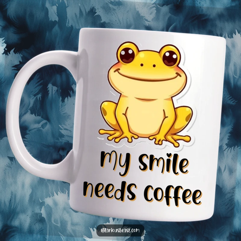 Funny yellow frog mug with a big, goofy grin, radiating pure, unadulterated happiness and silliness. Perfect for a laugh.