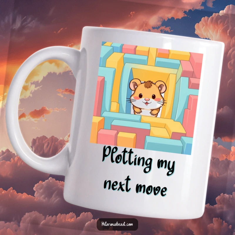 Funny hamster mug with a curious hamster character peeking out of a colorful, intricate maze, expressing wonder.