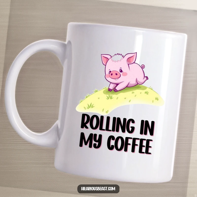 Funny purple piglet mug featuring a cute piglet happily rolling down a lush green grassy hill, embracing pure carefree joy.